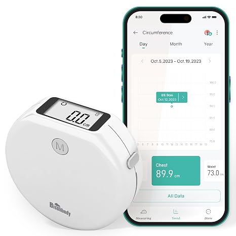 Smart Body Tape for Tracking Fitness Goals, LCD Display 1.5M Long Retractable Bluetooth Digital Tape Measure with 12 Body Parts Tracking Options for Weight Loss, Muscle Gain & Body Fat (White)
