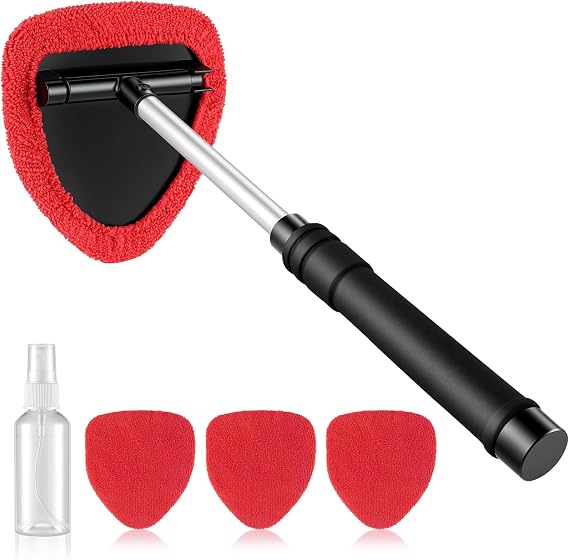 JUSTTOP Windshield Cleaner Tool, Car Interior&Exterior Window Cleaning Tool with Extendable Handle & 4 Reusable Microfiber Pads, Auto Glass Wiper Brush Kit for Cars (Red)