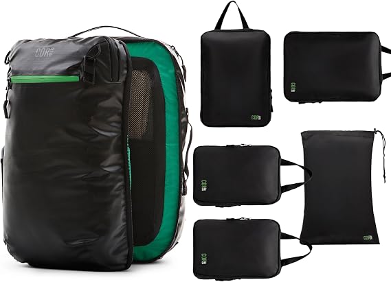 COR Surf The Island Hopper 2.0 | 34L Airline Approved Waterpoof Carry On Travel Backpack with 5-Piece Compression Packing Cube Set