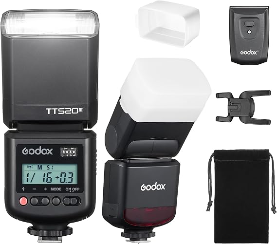 Godox TT520III Universal Bounce Flash Kit with Diffuser for Canon, Nikon, Sony, Fuji, Olympus Single-Contact Hot Shoe Cameras, 433MHz Wireless Speedlite, GN33, 400 Flashes, S1/S2 Optical Slave Modes