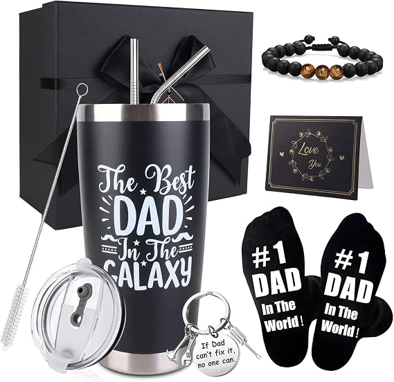 Dad Gifts, 8PCS Fathers Day Gift Includes 20oz Tumbler with Lid Straw Brush Socks Bracelet Key Chain Thanks Card Gift Box, Best Dad Ever Gifts from Daughter Son Kids for Christmas Birthday