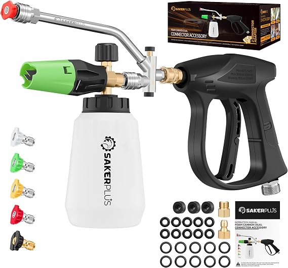 SakerPlus Foam Cannon Dual Connector Accessory,Pressure Washer Gun with Foam Cannon,1/4 Inch Quick Connector with 5 Power Washer Sprayer Nozzles,for Car Washing and Cleaning