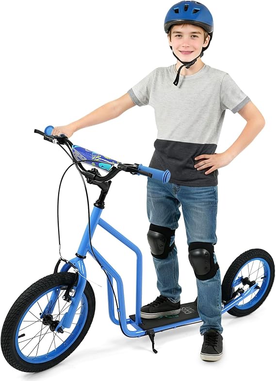 GYMAX Youth Scooter, Height Adjustable Kick Scooters with Extra Large Inflatable 16 Front & 14 Rear Wheels, Dual Hand Brakes & Kickstand, Heavy Duty Scooter for Teens Adults