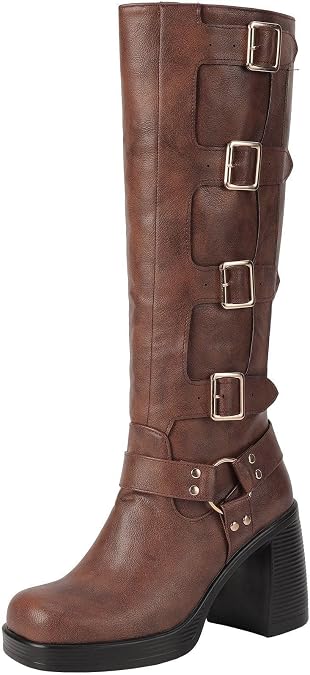 Seborluys Knee High Buckle Boots for Women Square Toe Chunky Block High Heel Pull On Gothic Riding Boots with Fleece Lining