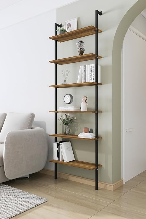 6-Piece Wall Mounted Bookcase, Shelf (Walnut)