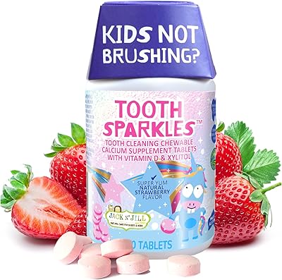 Jack N Jill Tooth Sparkles - Tooth Cleaning Calcium Chews, Supports Teeth & Bone Development, Natural Flavors, with Xylitol, Vitamin D & Calcium, Sugar-Free - Natural Strawberry, 60 Tablets