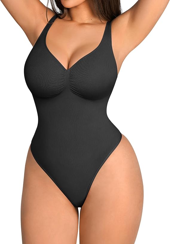 FeelinGirl Shapewear Bodysuits for Women Tummy Control Thong Seamless V Neck Compression Body Suits Corset Top