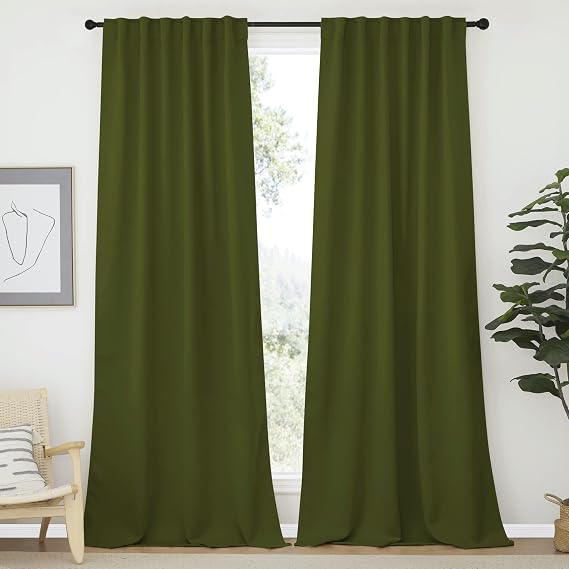 NICETOWN Living Room Blackout Christmas Curtains and Draperies, Olive Green, 52 inches Wide by 95 inches Long, Set of 2, Thermal Insulated Window Drape Panels for Bedroom