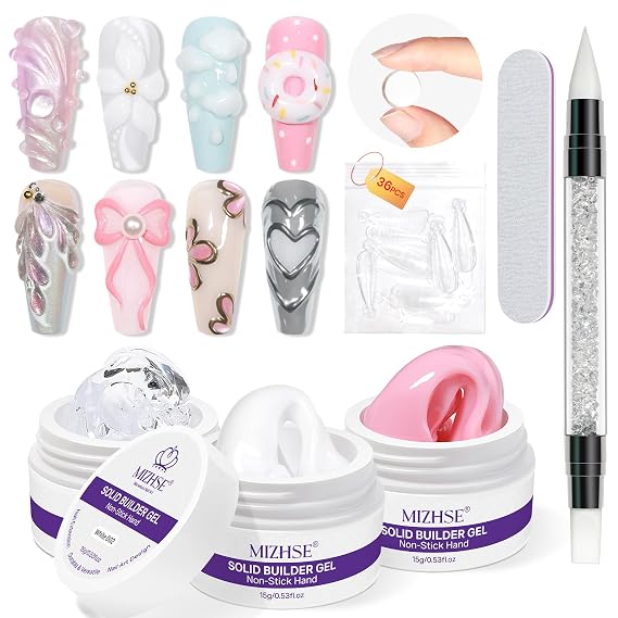 MIZHSE Solid Builder Gel for Nails, Non-Sticky Clear White Pink 3D Nail Art | Sculpting Building Hard Gel with Dual Form Silicone Pen for Carving Patterns Decoration Nail Art Manicure Home DIY