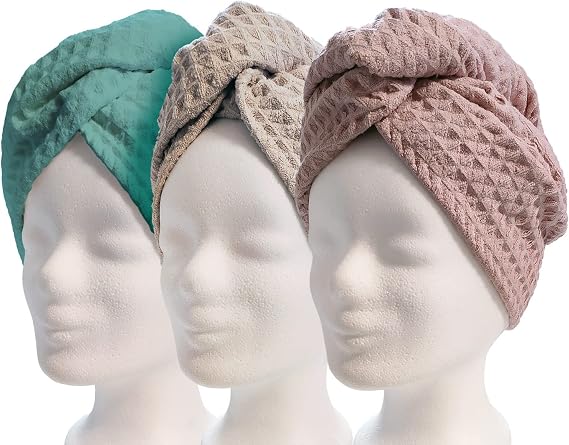 Hair Turban Turban Hair Drying Towel Set of 3 - Quick Drying Microfibre Drying Towel with Button (Set of 3 White Cream Pink) (Turquoise Cream Pink)
