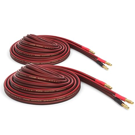 Micca 14 Gauge Pure Copper Speaker Cables, 13 Feet Each 4 Meters, 2 Pack Pair, Gold Plated Banana Plugs Connectors, Soldered Construction, Slim Design, 245 Strands, for Stereo or Home Theater