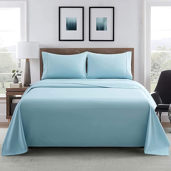 LinenEra 100% Cotton Bed Sheets- 800 Thread Count-4Pcs Bed Sheet Set Baby Blue Rv-King Sheets Set, Long Staple Cotton Fits Mattress Upto 14'' Deep Pockets, BedSheet and Pillowcase
