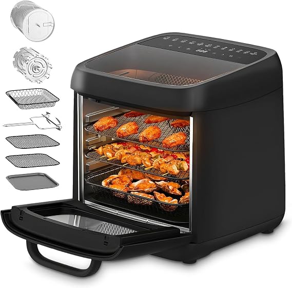 13 QT Large Air Fryer Toaster Oven Combo with Rotisserie 12-in-1 | Dual Viewing Windows Rotisserie Dehydrator Convection Rapid Cooking 8 Accessories Home & Commercial Black