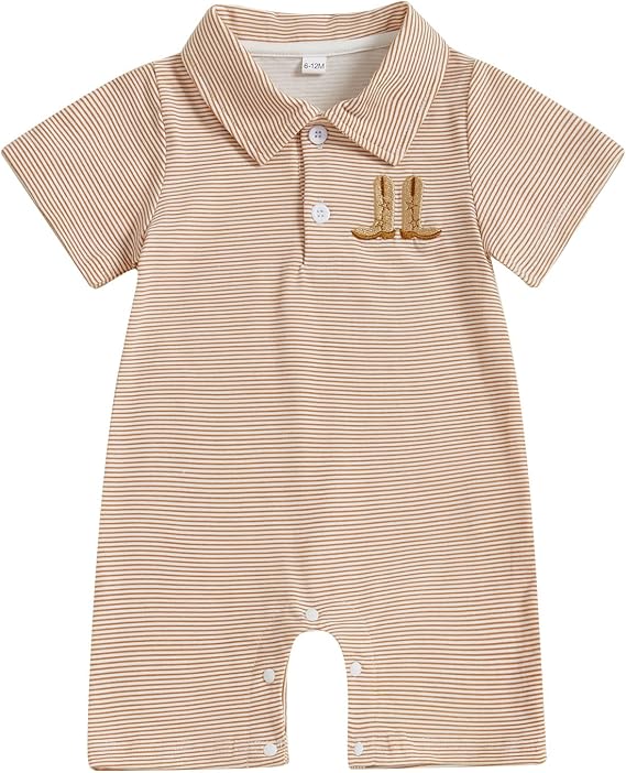 Country Baby Boy Outfit Newborn Western Romper Cowboy Boots Embroidery Striped Collared Bodysuit Infant Clothes
