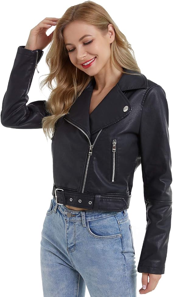 DIASHINY Faux Leather Jacket Women Cropped Leather Jacket PU Moto Biker Motorcycle Short Coat