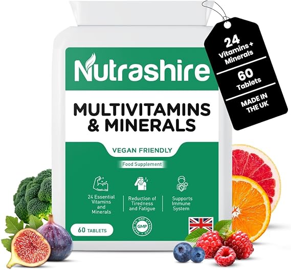 Vegan Multivitamins and Minerals – 60 Multivitamin Tablets for Men & Women with 24 Essential Nutrients Including B12, Iron, Calcium and Zinc – Made in UK