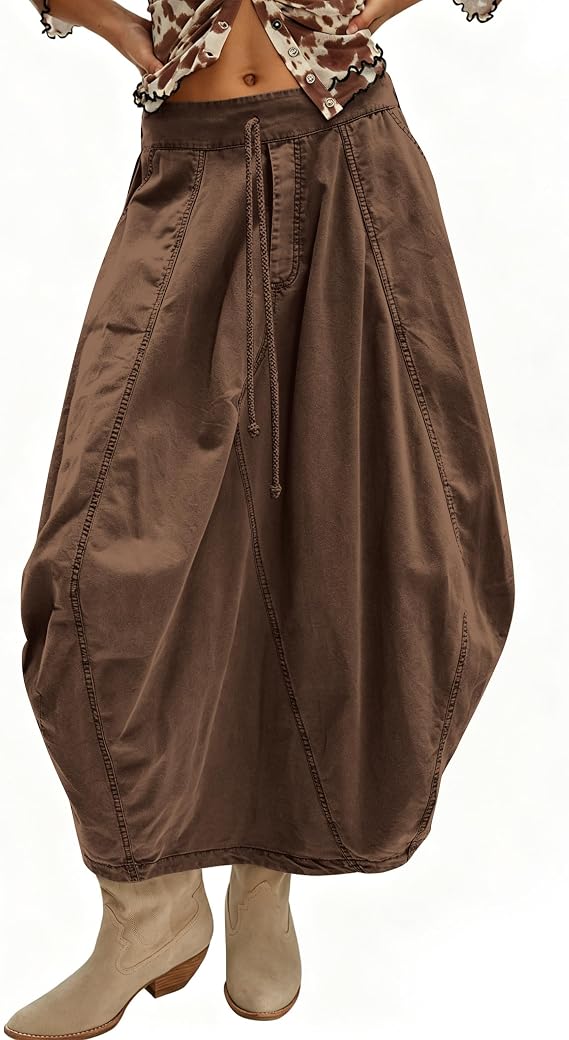 TERIVEEK Women Poplin Midi Skirt Baggy Summer Mid Rise Parachute Skirt Y2k Cargo Maxi Long Skirt with Pockets Streetwear