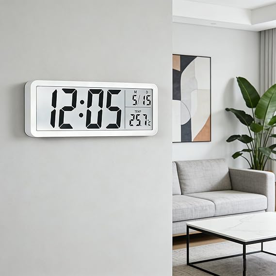 Digital Wall Clock，Temperature, Day, Month, Wall Stand Mount with 8'' LCD Digital Wall Clock，Battery/USB Operated Digital Clock Wall, Creative Modern Decor for Bedroom, Office, White