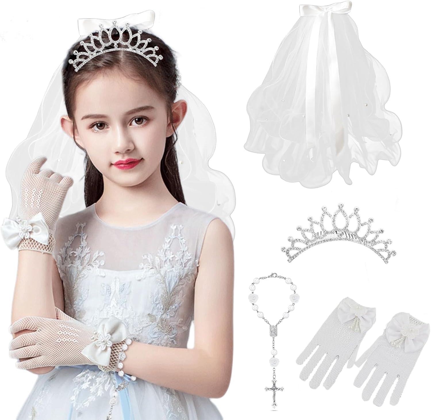Girls First Communion Veils Set -Tiara,Veil,White Gloves,Cross Bracelet - Holy Communion Dress For Catholic Events Wedding Kids Parties