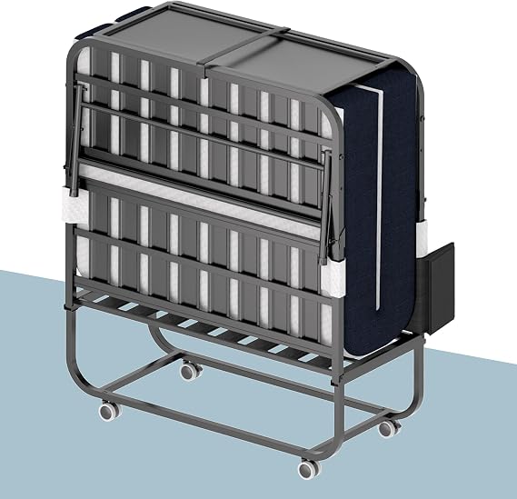 Folding Bed, 75"x31" Portable Beds for Adults, Heavy Duty Sturdy Metal Frame, Foldable Bed on Wheels for Twin Size, Space Saving Rollaway Bed for Guest, Easy Storage(Headboard and Side Storage Pocket)