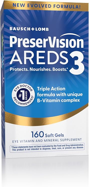 PreserVision AREDS3 Vitamins, #1 Eye Doctor Recommended Brand, AREDS2 Formula with Additional 8 B-Vitamin Complex, Promotes Healthy Cellular Eye Function*, 3-in-1 Macular Supplement, 160 Softgels | Macular support supplement*, lutein & zeaxanthin, #1 eye doctor recommended brand1, 8 B-vitamins, 160 softgels