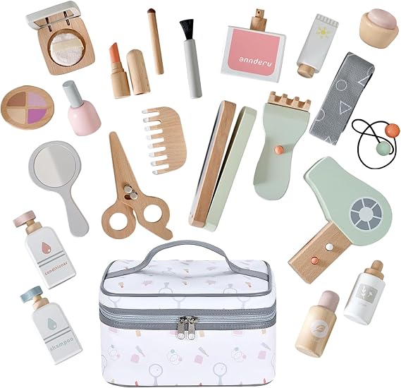 22PCS Wooden Makeup Toy Set,Toddler Makeup Kit,Cute Fake Makeup Accessories with Storage Bag,Non-Toxic Pretend Roleplay Beauty Salon Toy,Kid Gift for Girl Boy 3 4 5 6(Verified by Transparency)