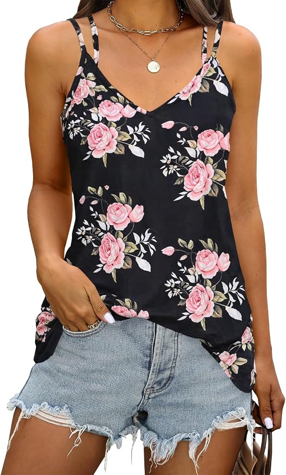 Supnier Women's Casual Summer Spaghetti Strap Tank Tops Floral Print Sleeveless V Neck Strappy Shirts