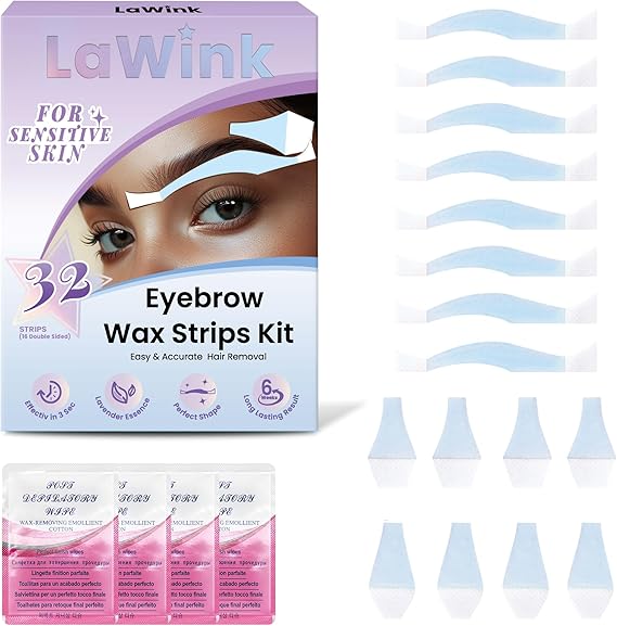 Eyebrow Wax Strips for Women, 32 Pre-Cut Facial Hair Removal Strips with 4 Calming Oil Wipes, Lavender Formula, Brow Shaping, Upper Lip & Peach Fuzz Remover