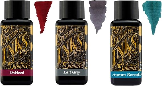 Diamine - 30ml Fountain Pen Ink - 3 Pack - Oxblood & Earl Grey & Aurora Borealis