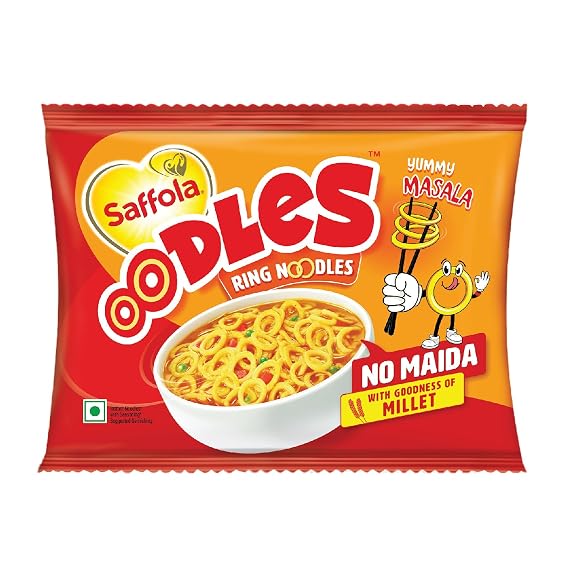 Saffola Oodles, Instant Noodles, Ring Shape, Yummy Masala Flavour, No Maida, Whole Grain Oats, 53g Pouch