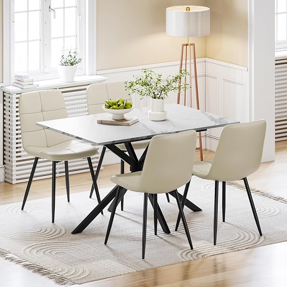 Extendable Dining Table and Chairs Set 4, 120-160cm Marble Effect Table with 4 Beige Upholstered PU Leather Chairs for Dining Room, Kitchen