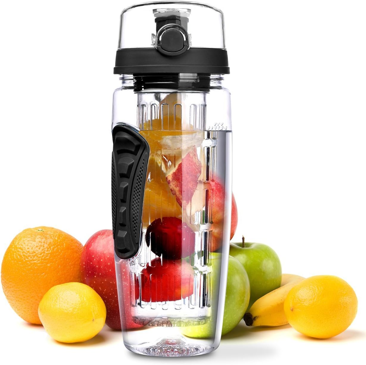 32 OZ Sport Fruit Infuser Water Bottle, Flip Top Lid & Dual Anti-Slip Grips, BPA Free Infuser Water Bottle, Free Recipes and A Cleaning Brush Gifts, Ideal for Your Office and Home
