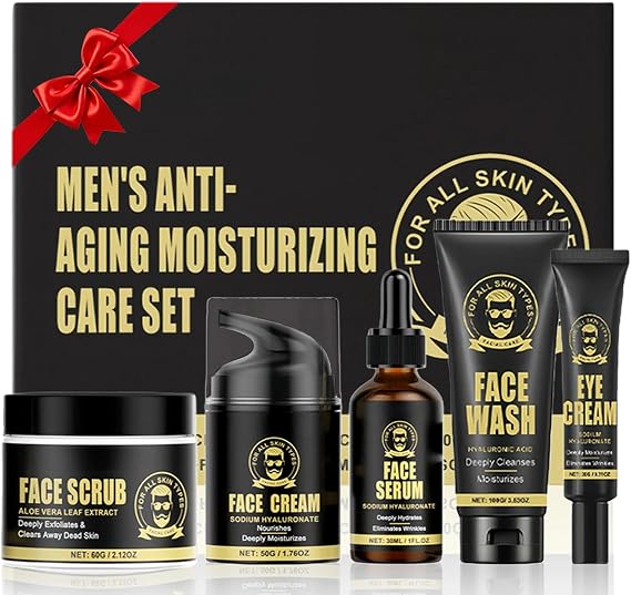 5PCS Mens Skincare Set, Anti-Aging Care with Mens Face Cream, Face Wash, Scrub, Eye Cream, Anti Wrinkle Serum - Moisturiser for Day & Night, Hydrating, All Skin Types, Gift Set for Men