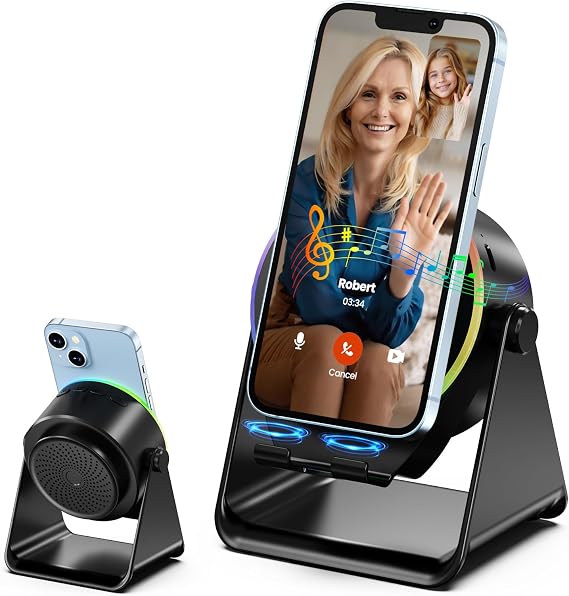 Kablosuz İndüksiyon Hoparlör, Bluetooth Hoparlörlü Cep Telefonu Standı, Stereo Ses, RGB Ortam Işığı, Bluetooth 5.3, iPhone/iPad/Android/Samsung Galaxy ile Uyumlu Telefon Tutucu - Siyah