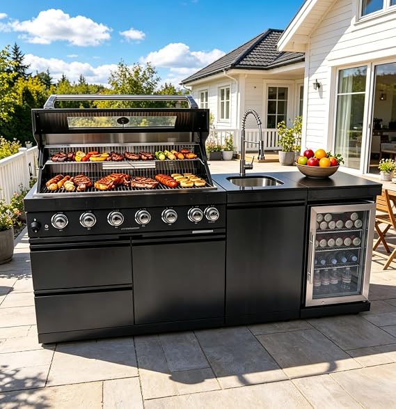 82" Outdoor Kitchen Natural Gas Grill, 6-Burner 85,000 BTU BBQ Grill with Sink,Infrared Rotisserie,Granite Countertop, Refrigerator,Rain Cover & Grill Cart.(Black)