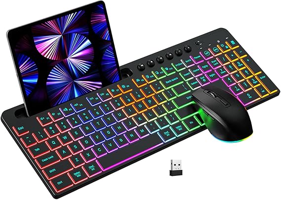 Wireless Keyboard and Mouse Combo, 115 Keys RGB Full Size Ergonomic Keyboard with Phone Tablet Holder, Silent Mouse with 6 Buttons, 2.4GHz Cordless