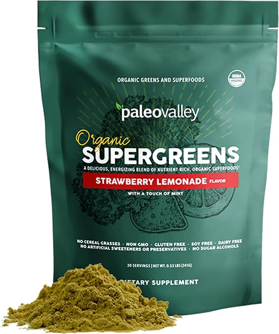 Paleovalley Organic Supergreens Powder with 23 Superfoods, Strawberry Lemon | Immune Health Support, Prebiotic Fiber, Digestive Enzymes, No Cereal Grasses - 30 Servings
