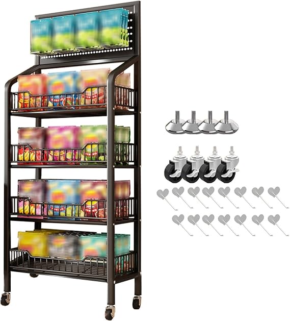 Supermarket Snacks Shelf, Merchandise Display Racks Floor-Standing Metal Wire Storage Stand with 15 Hooks/4 Feet Mat/ 4 Wheel, Retail Store Display Holder ( Color : 4 Tier Black , Size : 60x27cm/23.6x