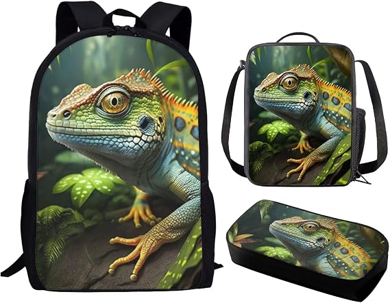 Uourmeti Lizard Chameleon Boys School Bag with Lunch Bag for Elementary School Backpacks Kids Backpack and Lunch Box with Pencil Case for Girls Middle School Bag Junior Lightweight Bookbags
