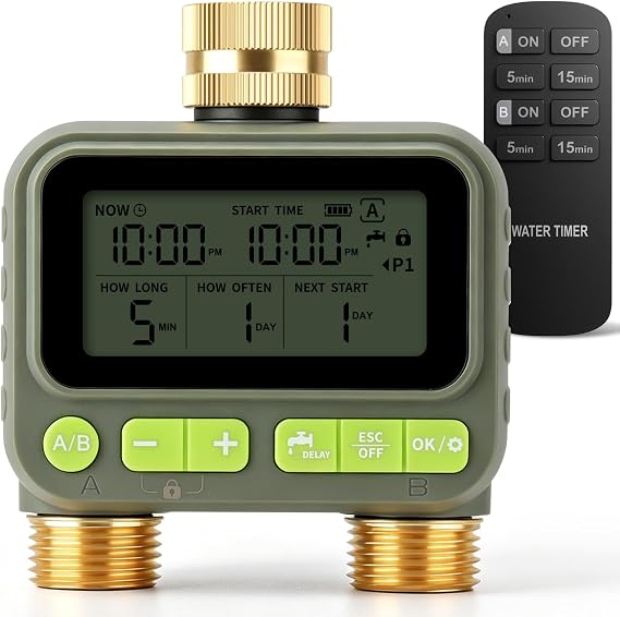 2 Zone Water Timer with Brass Inlet Outlet, Sprinkler Timer for Garden Hose