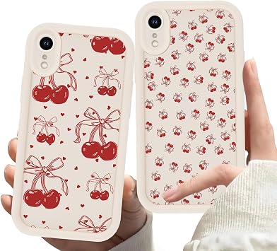 2 Pack Cherry Phone Case for iPhone XR 6.1",Cute Aesthetic Cases Kawaii Bow Design Pattern Cover for Girls Women,Beige Soft Anti-Scratch Shockproof Protection Funda for iPhone XR