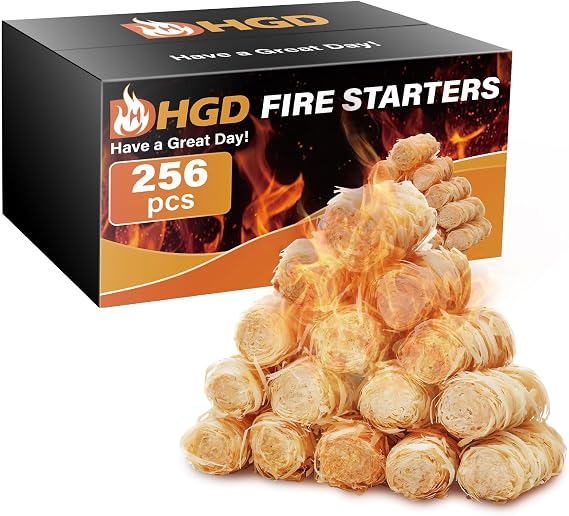 HGD Natural Fire Starters (256 Pcs) - Waterproof & Odorless Charcoal Starters for Fireplace, Campfire, BBQ, Grill, Fire Pit, Wood & Pellet Stove, Chimney, Pizza Oven & Smoker - Indoor & Outdoor Use