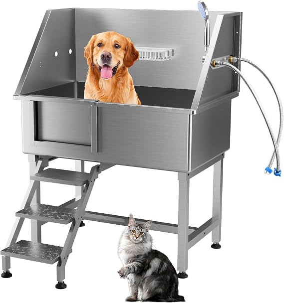 38" Professional Stainless Steel Dog Bathing Station, Dog Grooming Tub, with Stairs, Floor Grate & Faucet for Dog Bathtub for Medium & Small Pets