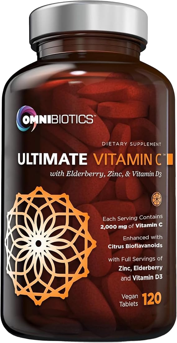 OmniBiotics Ultimate Vitamin C Supplement 2000mg with Zinc, Elderberry Extract, and D3 High Potency Immune Support & Collagen Booster 120 Vegan Tablets