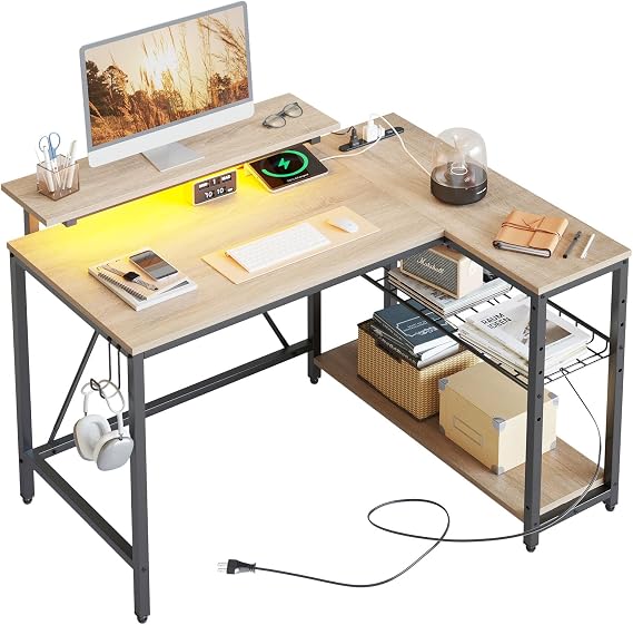 Bestier L-Shaped Computer Desk, 42.1 inches 107 cm, Wide, PC Desk, With Outlet, Gaming Desk, With LED Lights, Corner Desk, Shelf, Height Adjustable,