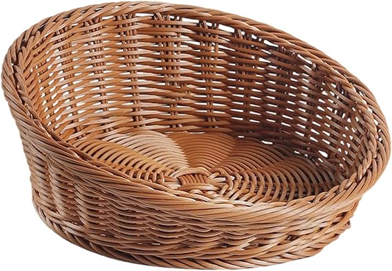 Slanted Woven Basket | Wicker Basket Kitchen Bread Fruits Display | Daily Life Use Keys Wallets Organizer Tray Artificial Rattan Bowl for Picnic, Bakery