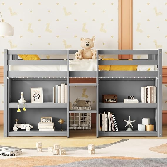 Modern Twin Size Kid Low Loft Bed with Two-Tier Shelves and LED - Grey