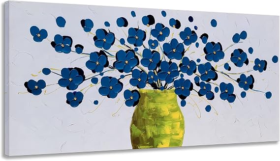 SYGALLERIER Blue Flower Canvas Wall Art in Vase with 3D Hand Painted Textured Modern Aesthetic Botanical Pictures Contemporary Oil Paintings for Living Room Bedroom Dinning Decor