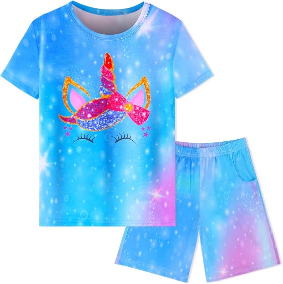 Girls Pajamas Tie Dye Mermaid Unicorn Summer Pjs Short Sleeve 2 Piece Sleepwear Toddler Girls Kids Nightwear 3T-10