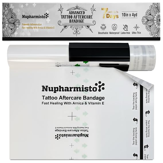 Tattoo Aftercare Bandage For Skin Waterproof: 10 in x 4yd Second Skin Cover Fast Healing With Arnica & Vitamin E - Sterile Aftercare Wrap For New Tattoo For Swimming Shower For Man Women (10 in x 4yd)